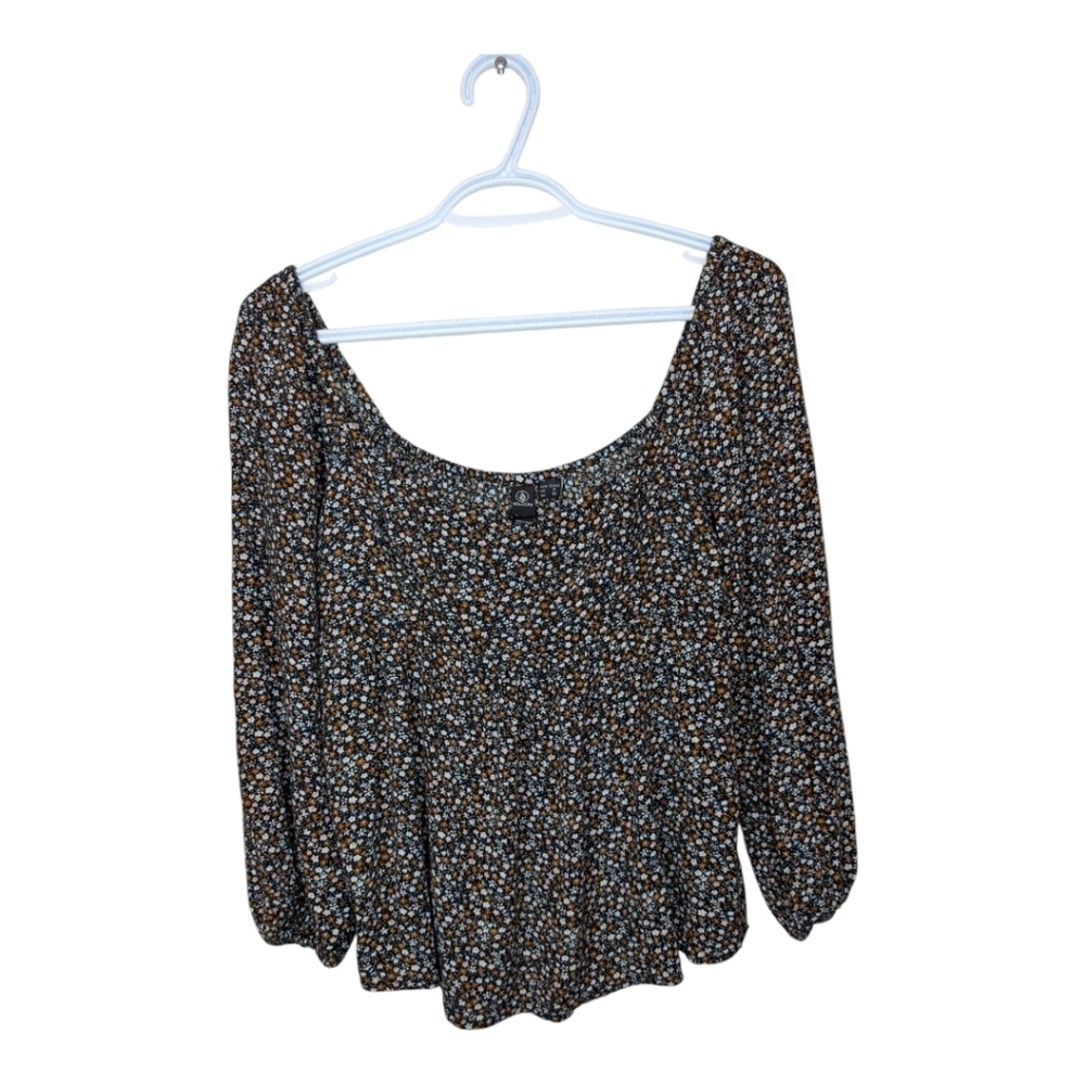 Volcom Women's Small 4/6 Black Floral Peasant Long Sleeve Flowy Top Cottagecore